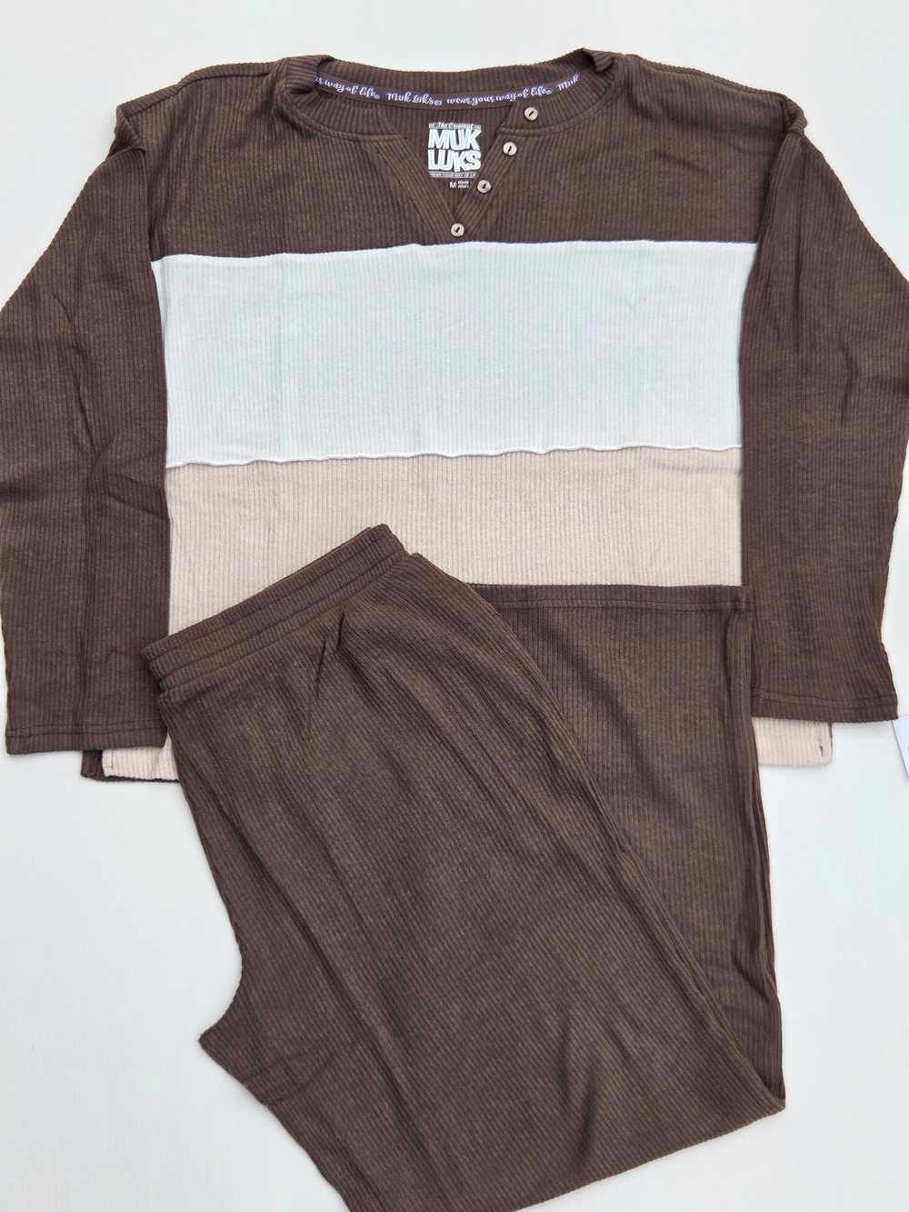NWT MUK LUKS Rib Knit Colorblock Henley Pajama Set Long Sleeve Size-M Brown